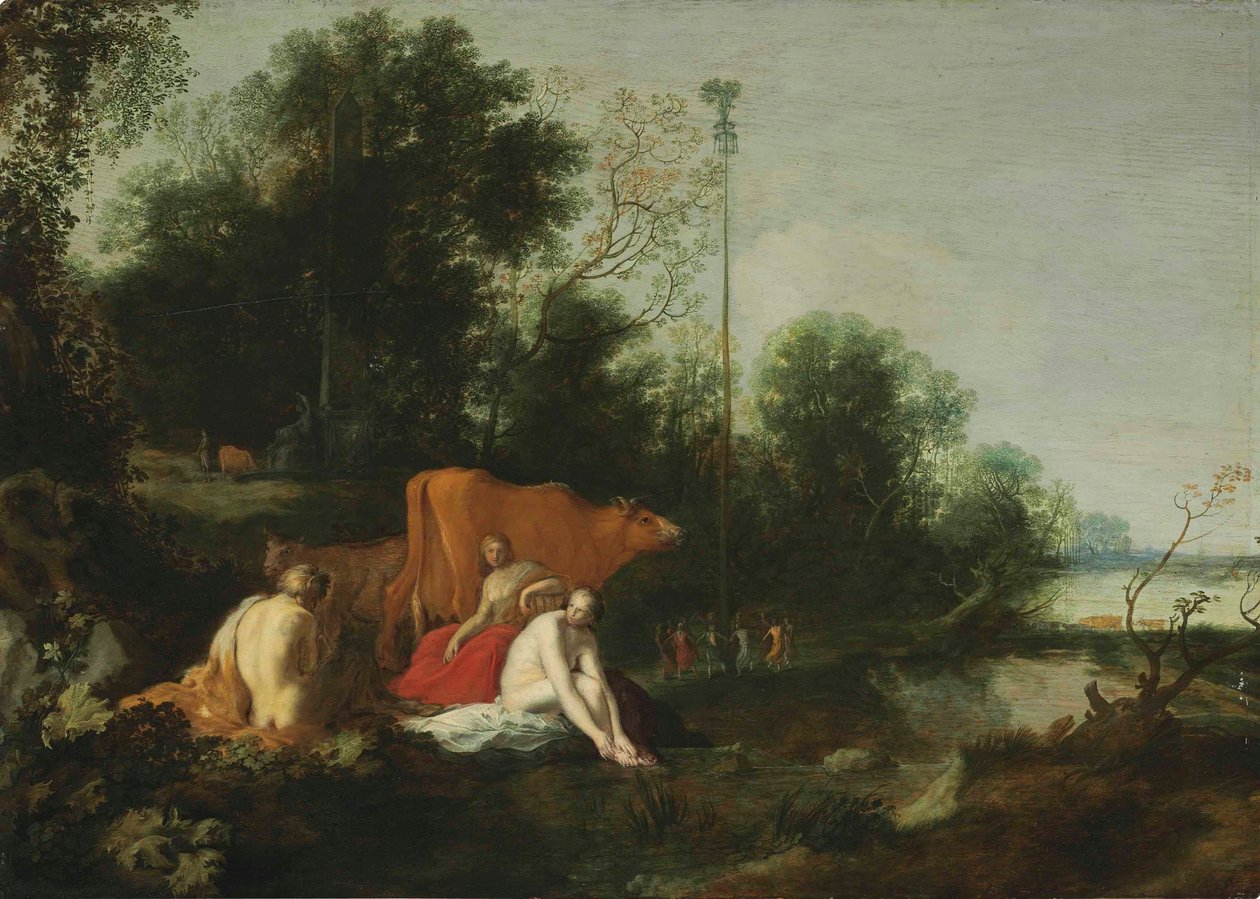 Saksa: Pan und Nymphen beim Baden Maisema, jossa on satiiri, nymfejä ja karjaa. tekijältä Moses van Uyttenbroeck