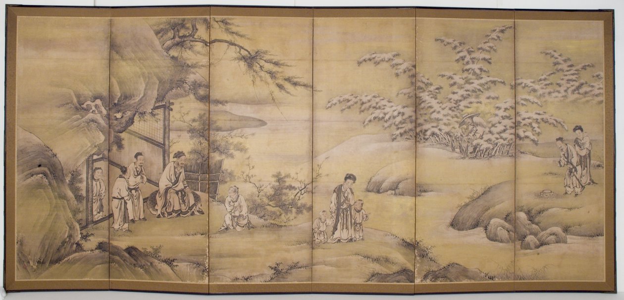 Kohtauksia elokuvasta 24 Paragons Of Filial Piety (mustetta ja kultapigmenttiä paperilla) tekijältä Motonobu Kano