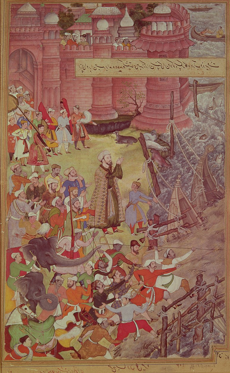 Venesilta, jonka Akbar (r.1556-1605) rikkoi norsullaan ylittäessään Jumna-joen, Akbarnamasta, n. 1590, kaksoissivun oikea sivu (katso 99482) tekijältä Mughal School