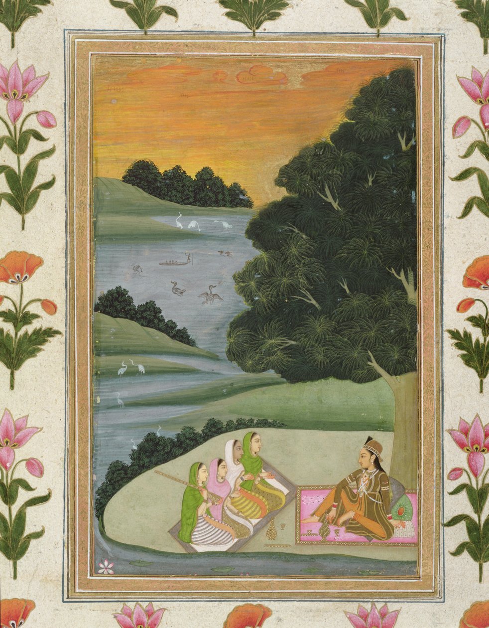 Prinsessa kuuntelemassa naismuusikoita joen rannalla auringonlaskun aikaan, Small Clive Albumilta (paperilla läpinäkymätön wc) tekijältä Mughal School
