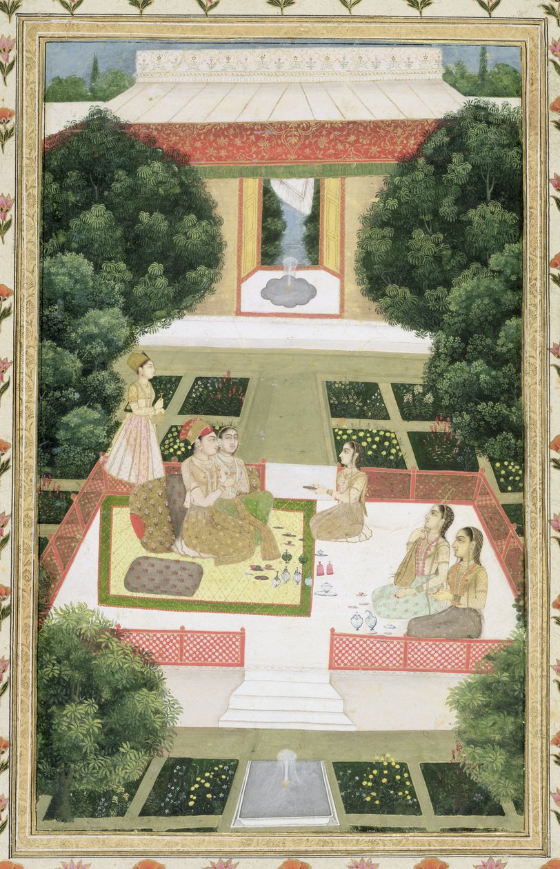 Pariskunta puutarhassa kuuntelemassa musiikkia naispuolisten avustajien kanssa, Small Clive Albumista (paperilla läpinäkymätön wc) tekijältä Mughal School