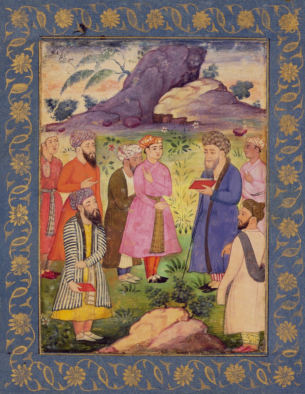 Jalo nuoriso palvelijoineen maisemassa, Large Clive Albumista, n. 1605 (läpinäkymätön wc paperilla) tekijältä Mughal School