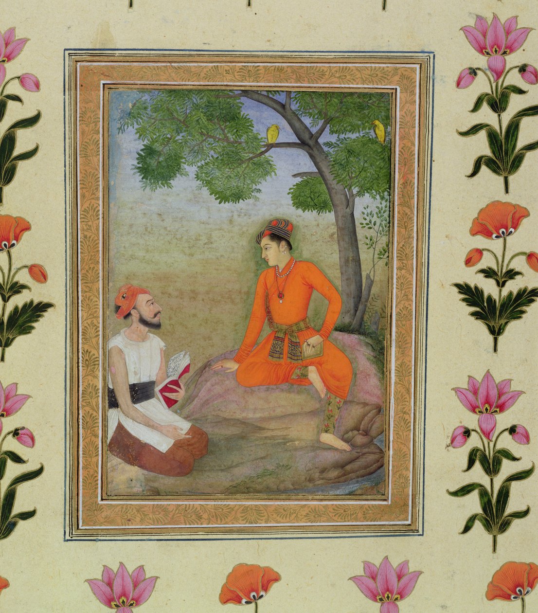 Prinssi keskustelemassa uskonnollisen miehen kanssa, jolla on kirja kädessään, Pieni Clive-albumista. tekijältä Mughal School