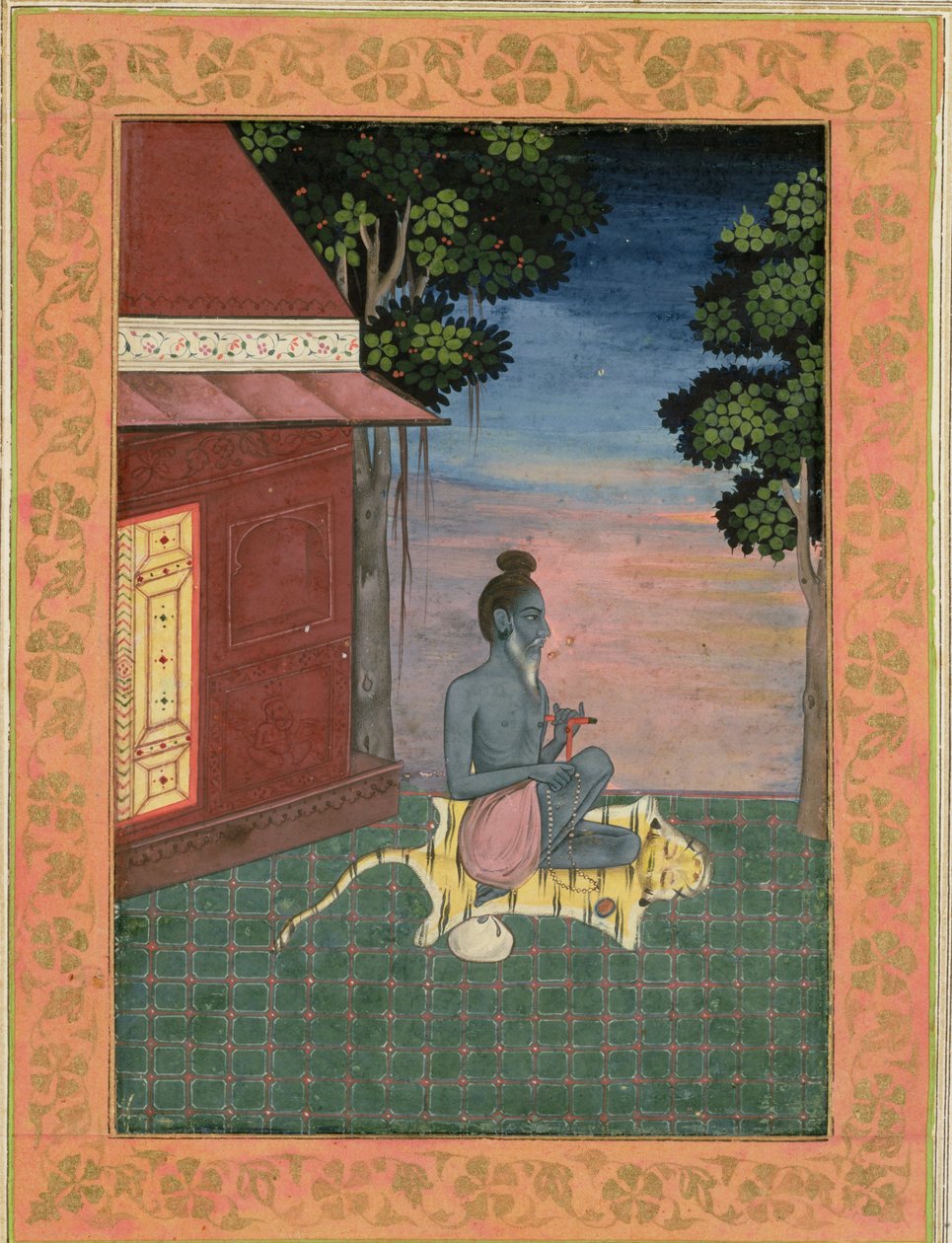 Ikääntynyt askeetti istuu tiikerin iholla rakennuksen ulkopuolella, Large Clive Albumista, n. 1670 tekijältä Mughal School