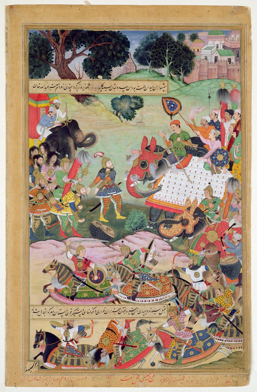 Akbar vastaanottaa Malwan kuvernööriltä Abdullah Uzbegilta vuosina 1564, 1590-98 vangitut rummut ja standardit (guassi pergamentilla) tekijältä Mughal School