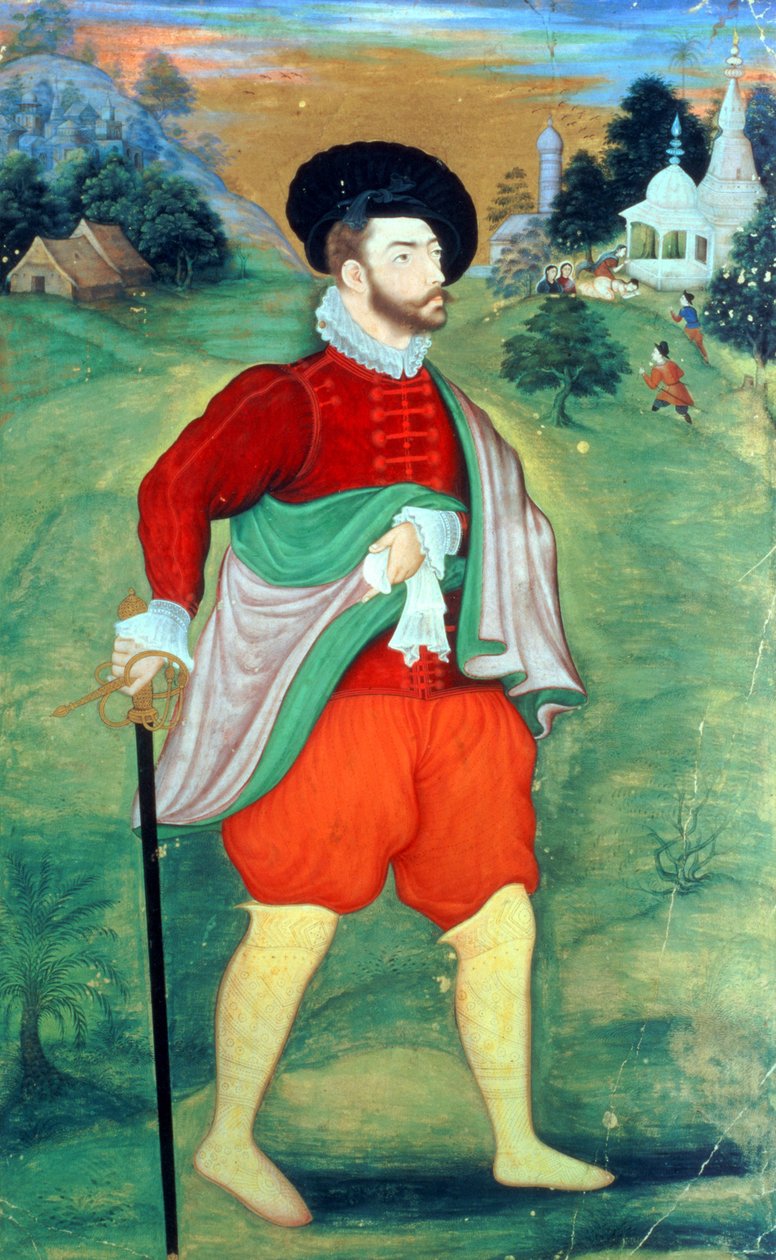 Eurooppalainen Intiassa, n. 1556-1605 (läpinäkymätön akvarelli ja kulta paperille) tekijältä Mughal School