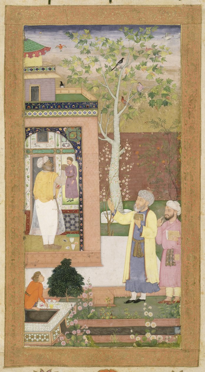 Taiteilija, joka sisustaa puutarhapaviljongin sisustusta, Small Clive Albumista, n. 1600 (läpinäkymätön wc paperilla) tekijältä Mughal School