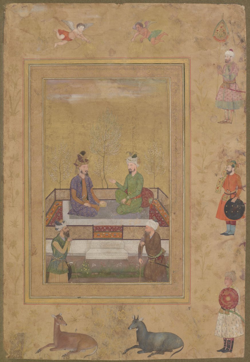 Babur ja Humayun Courtiersin kanssa, edesmenneestä Shah Jahan -albumista, irrotettu käsikirjoitusfolio, n. 1640 tekijältä Mughal School
