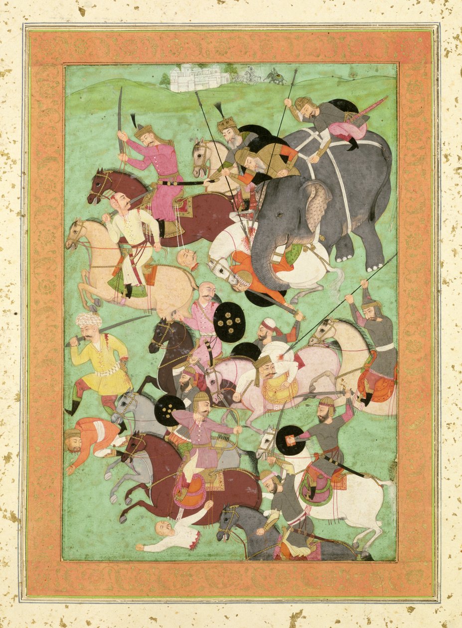 Taistelu Iranin ja Turanin joukkojen välillä, kuvitus Shahnamaan, Large Clive Album, 1600-luvun puoliväli (paperia, kultaa ja nahkaa) tekijältä Mughal School