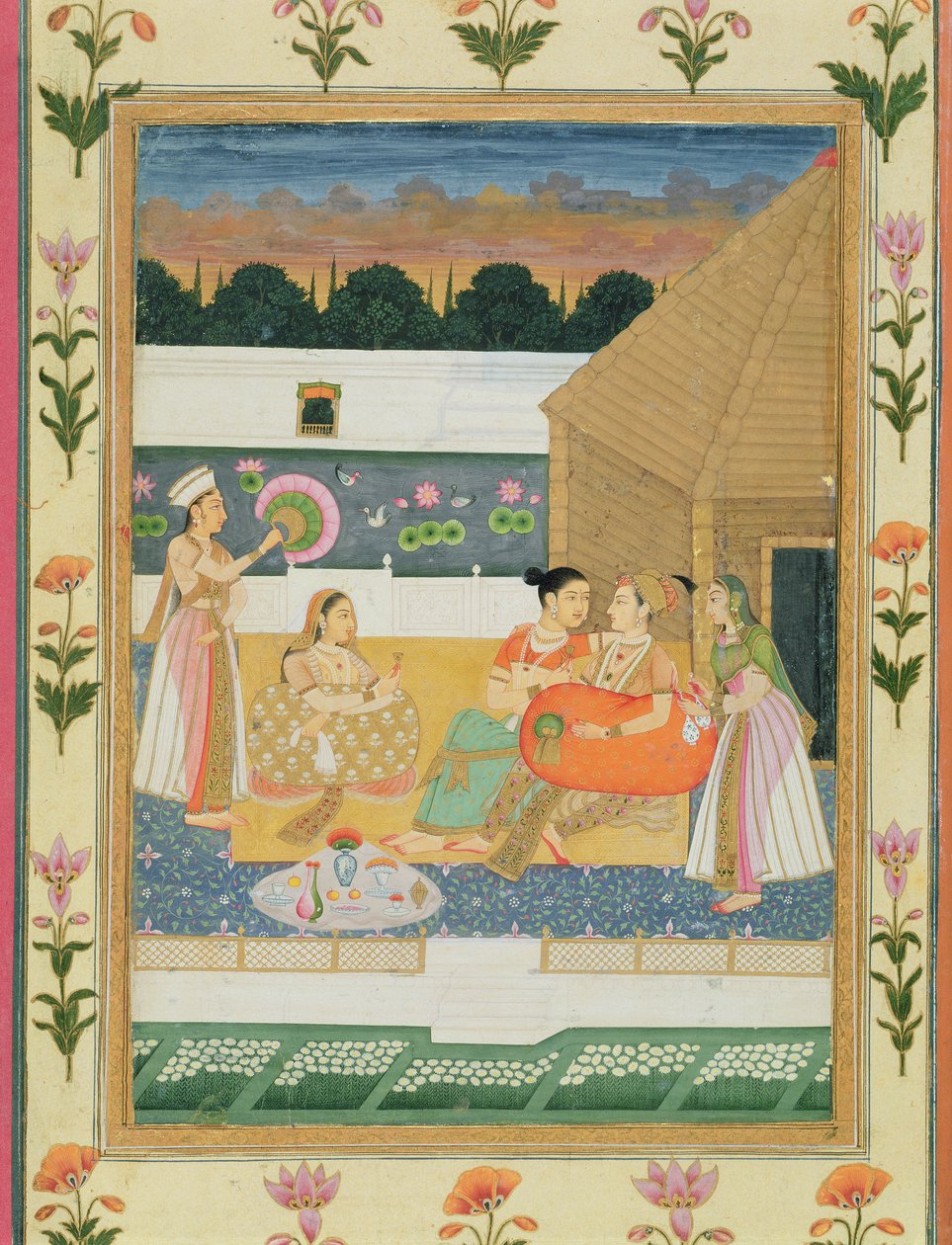 Pariskunta terassilla auringonlaskun aikaan, Small Clive Albumista (läpinäkymätön wc paperilla) tekijältä Mughal School