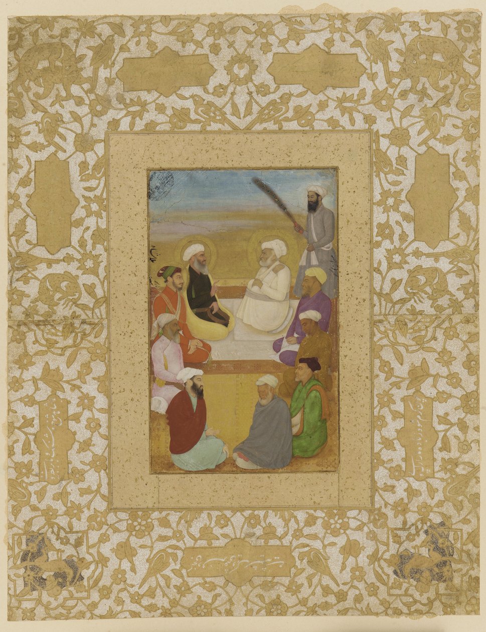 Dara Shikoh Mian Mirin ja Mulla Shahin kanssa, irrotettu albumifolio maalauksella, n. 1640 tekijältä Mughal School