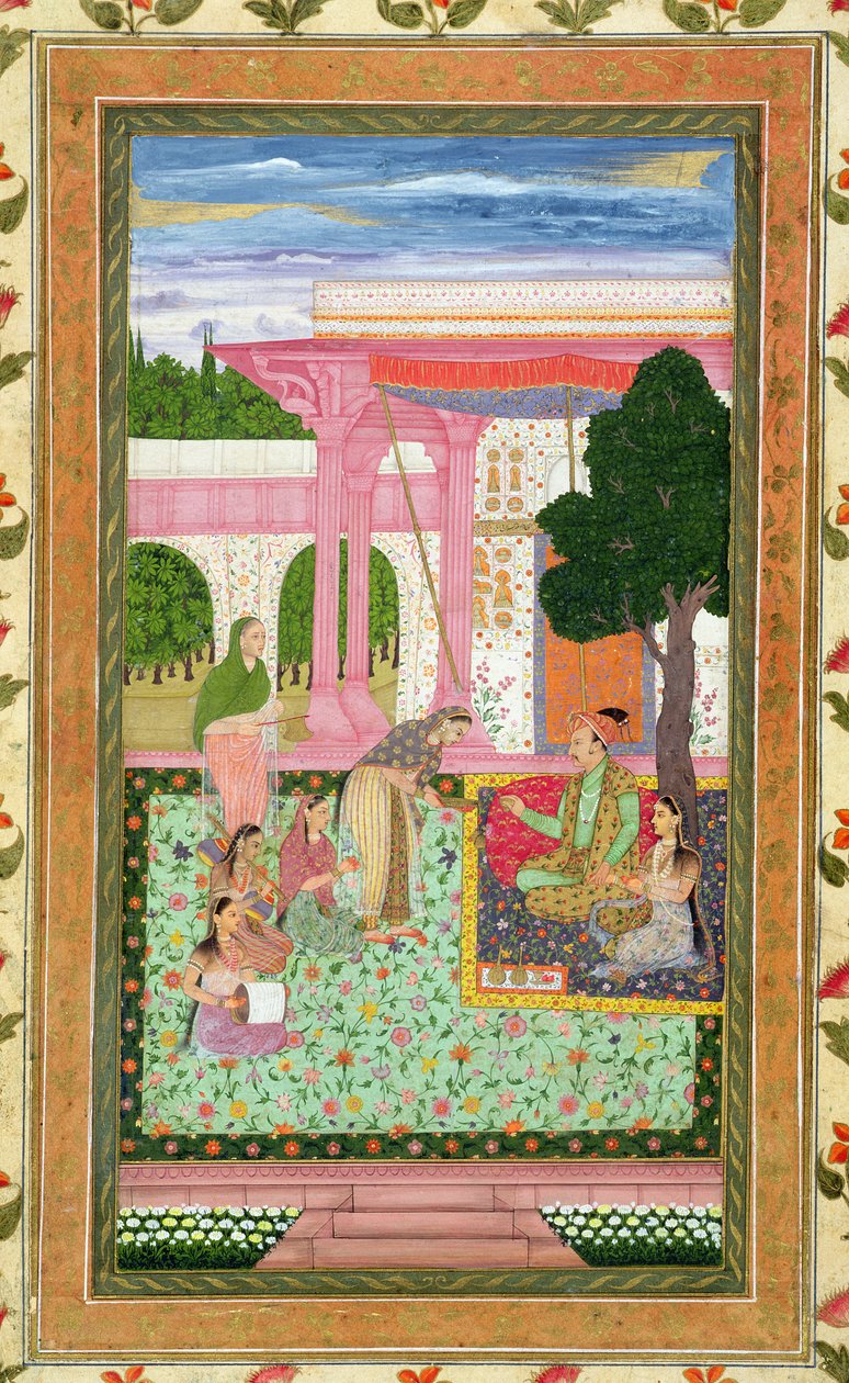 Keisari Jahangir (1569-1627) puolisonsa ja palvelijoineen puutarhassa, Small Clive Albumista (paperilla läpinäkymätön wc) tekijältä Mughal School