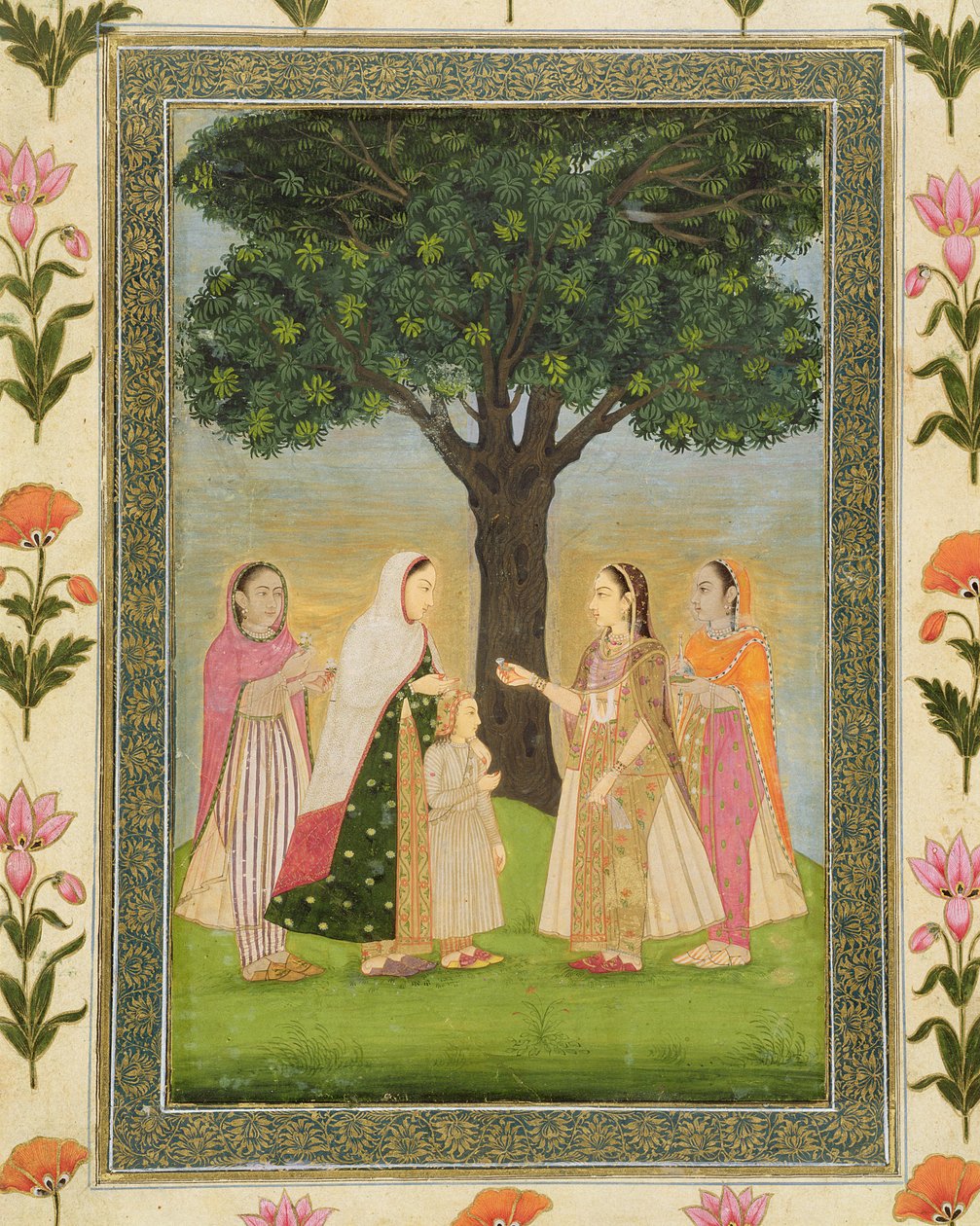 Neljä naista kohtaavat puun luona, Small Clive Albumista (läpinäkymätön wc paperilla) tekijältä Mughal School