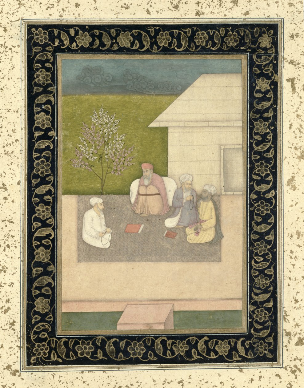 Neljä muslimin pyhää miestä istumassa meditaatiossa kotan ulkopuolella, Large Clive Albumista tekijältä Mughal School
