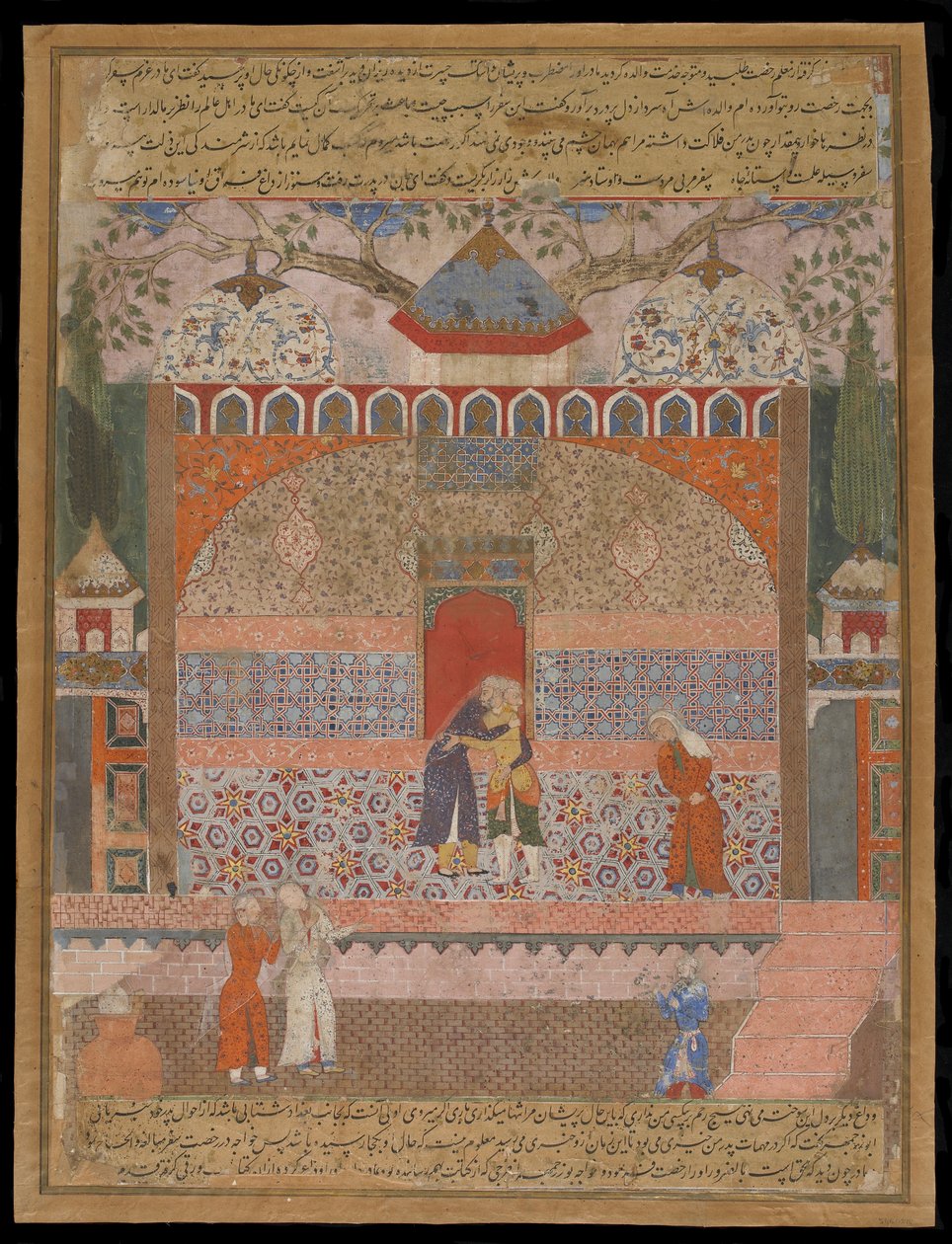 Khwaja Bozorgmehr jättää iäkkään äitinsä lähteäkseen maailmalle ja hakeakseen korvausta Hamzanamasta, käsikirjoitusfolio, n. 1560-65 tekijältä Mughal School