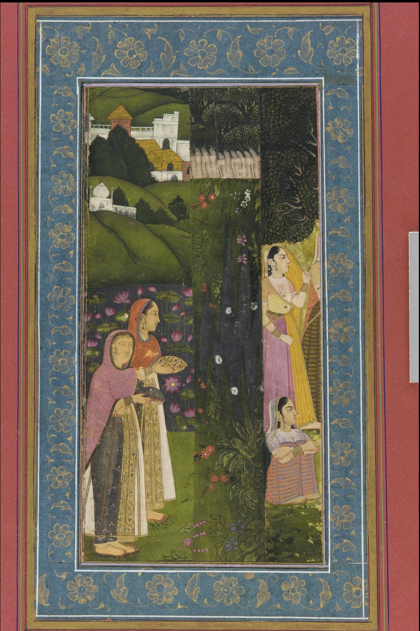 Ladies in a Garden, Albumin folio maalauksella, 1700-luvun loppu tekijältä Mughal School