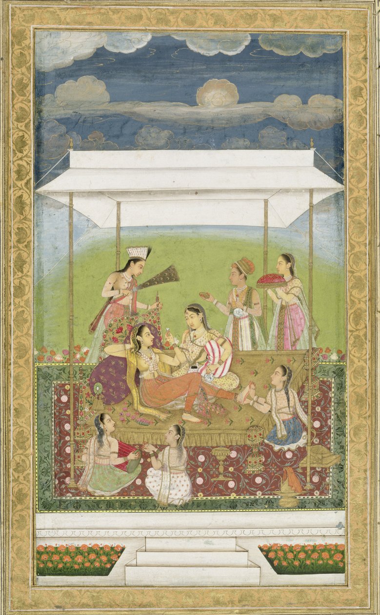 Naiset kuuntelemassa musiikkia puutarhassa, Small Clive Albumilta (läpinäkymätön wc paperilla) tekijältä Mughal School