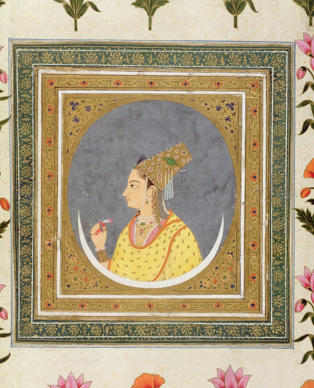 Muotokuva naisesta, jolla on lootuksen terälehti, Small Clive Albumista, n. 1750-60 tekijältä Mughal School