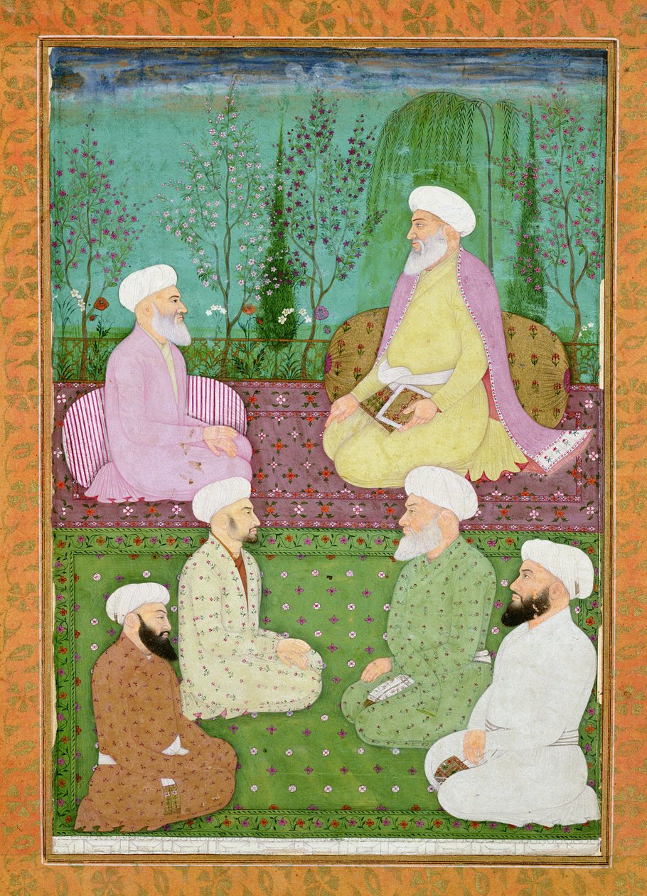 Kuusi muslimin pyhää miestä istumassa puutarhaterassilla Large Clive Albumista tekijältä Mughal School