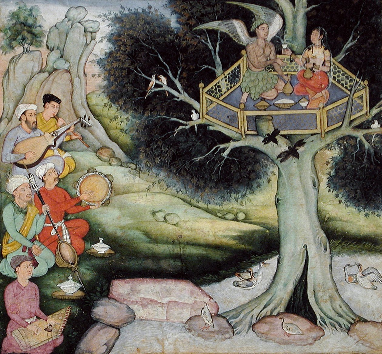 Somaprabha ja taivaallinen nymfi kuuntelemassa musiikkia, n. 1590 tekijältä Mughal School
