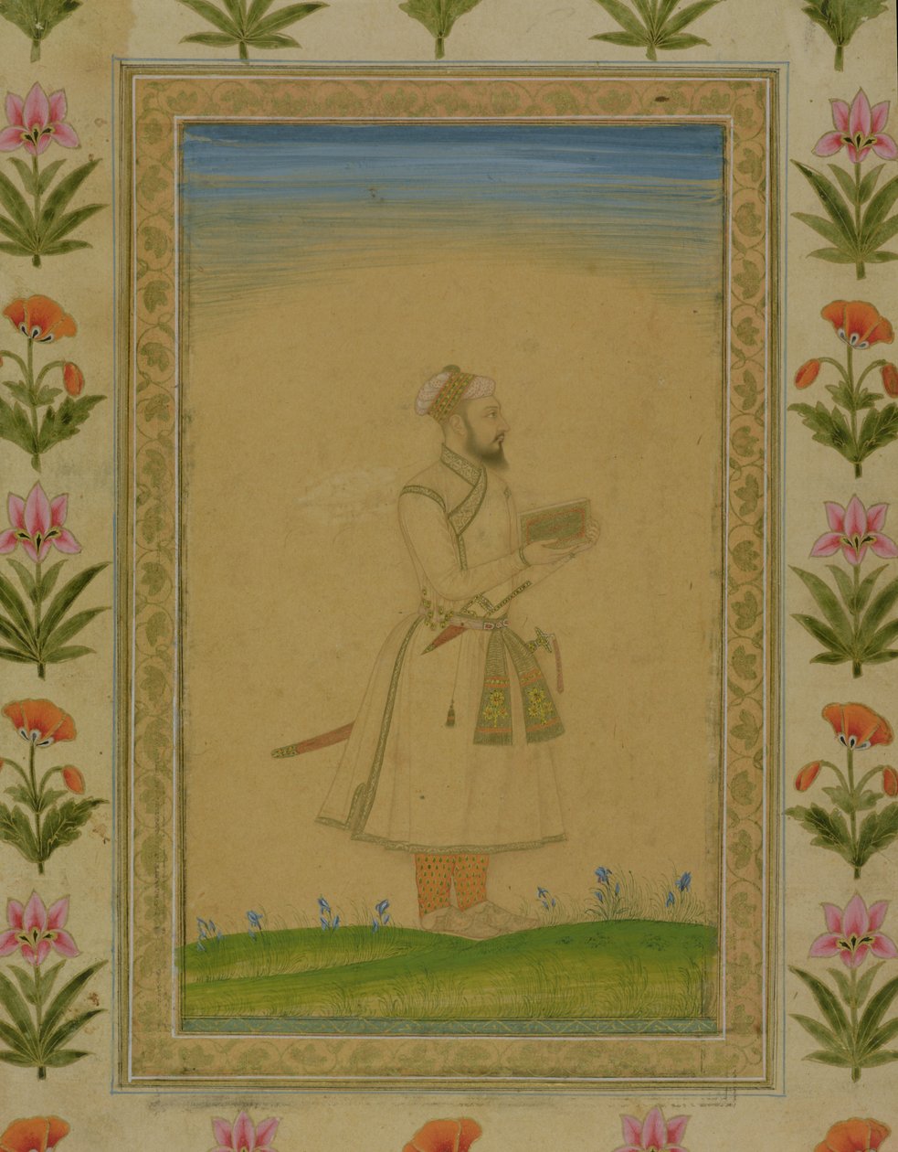 Pysyvä aatelishahmo, kädessään kirja, Small Clive Albumista (läpinäkymätön wc paperilla) tekijältä Mughal School
