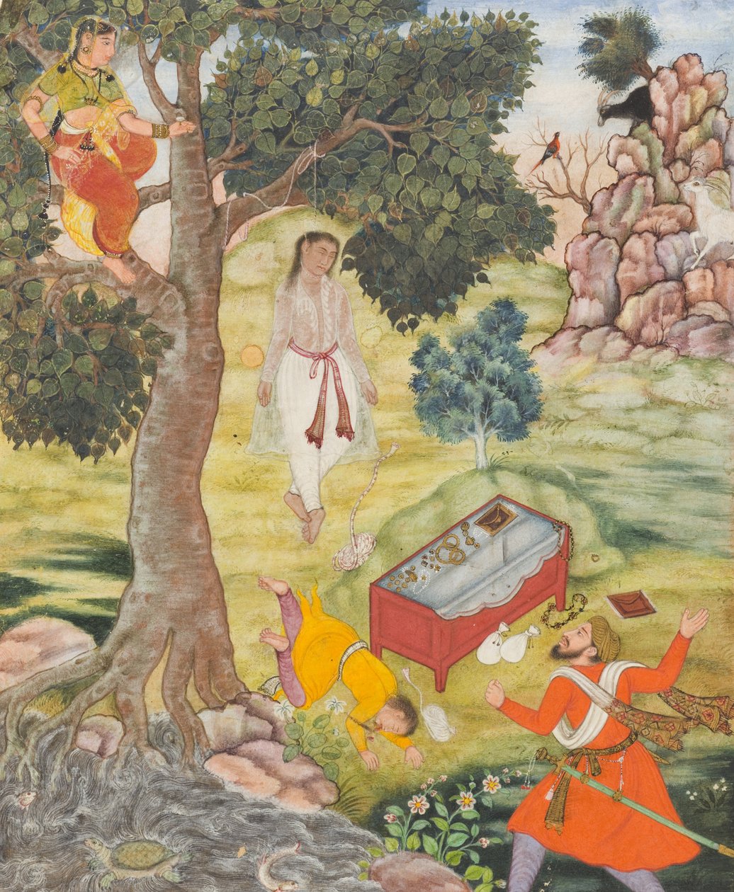 Tarina ovelasta Siddhikarista, n. 1590 (läpinäkymätön akvarelli, kulta ja muste paperille) tekijältä Mughal School