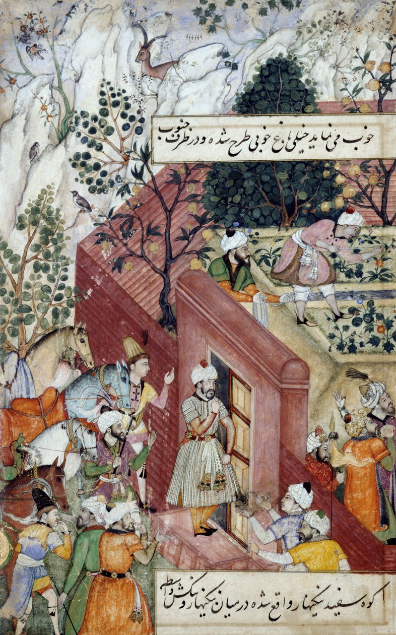 Mughal-keisari Babur (r.1526-30) oli aikeissa ulkomailla puutarhan ulkoasussa käyttäen linjoja "Akbarnamasta", n. 1590 (guassi pergamentilla) tekijältä Mughal School