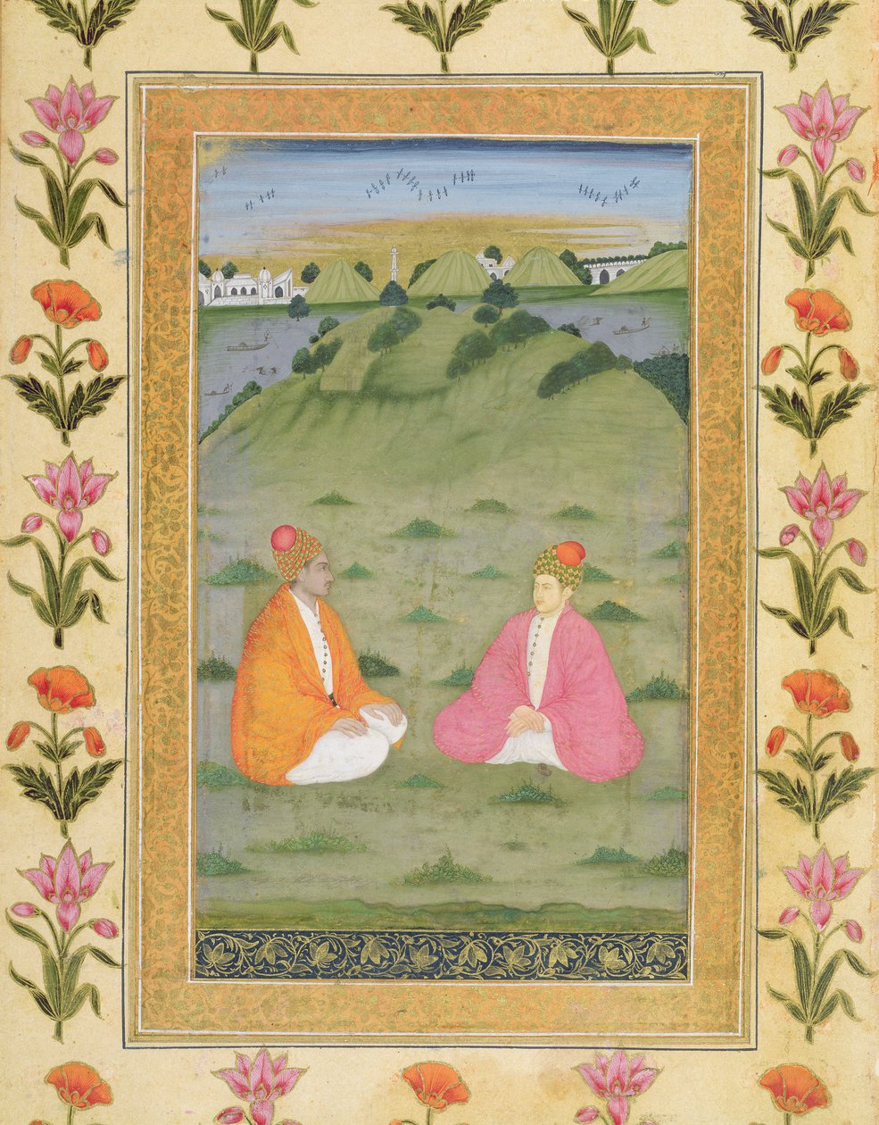 Kaksi aatelista istuvat maisemassa, Small Clive Albumista (läpinäkymätön wc paperilla) tekijältä Mughal School