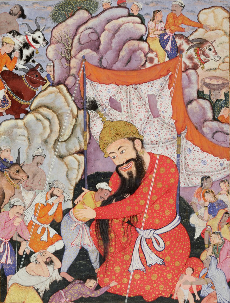 Zumurrud Shah saavuttaa valtavan vuoren juuren, ja siihen liittyy Raim Blood-Drinker ja Yaqut Shining, 1557-72 (wc ja kultalehti puuvillalla) tekijältä Mughal School