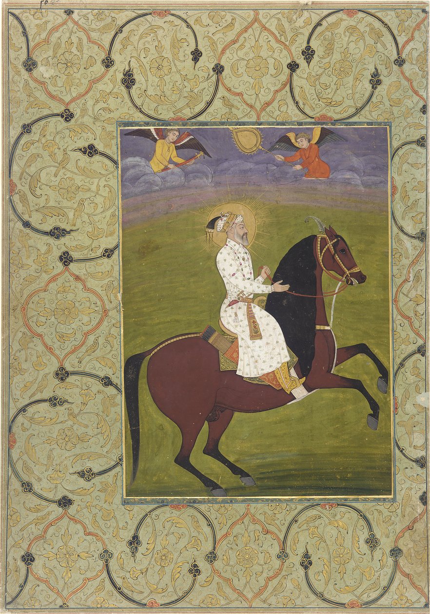 Ratsastusmuotokuva Shahjahanista (n. 1628-58), irrotettu albumifolio, 1750-1770 (läpinäkymätön akvarelli paperille) tekijältä Mughal School