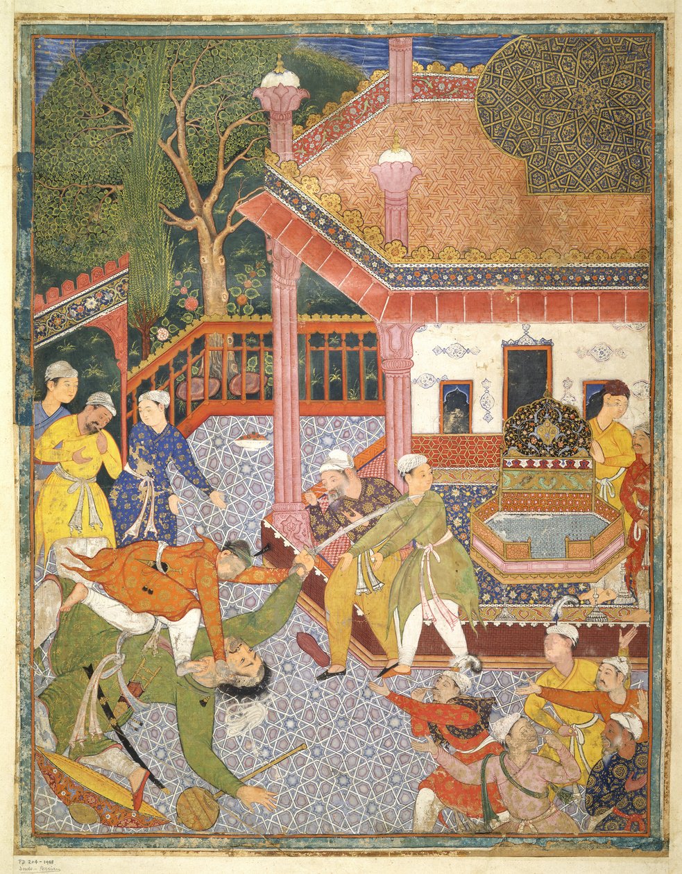 Sankari surmaa jättiläisen katsojajoukon edessä pihalla, kuva Hamza Namasta, n. 1555-1567 (vartalonväri puuvillalla) tekijältä Mughal School
