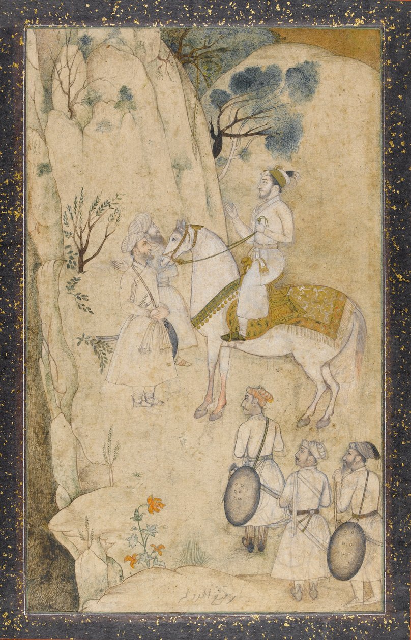 Prinssi ratsain, viisi avustajaa, koskien vesiputousta (wc kynällä ja musteella, grafiitti ja kulta paperilla) tekijältä Mughal School