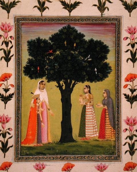 Prinsessa poikansa kanssa tapaa kaksi naista, jotka tarjoavat lahjoja Small Clive Albumista (läpinäkymätön akvarelli paperilla) tekijältä Mughal School