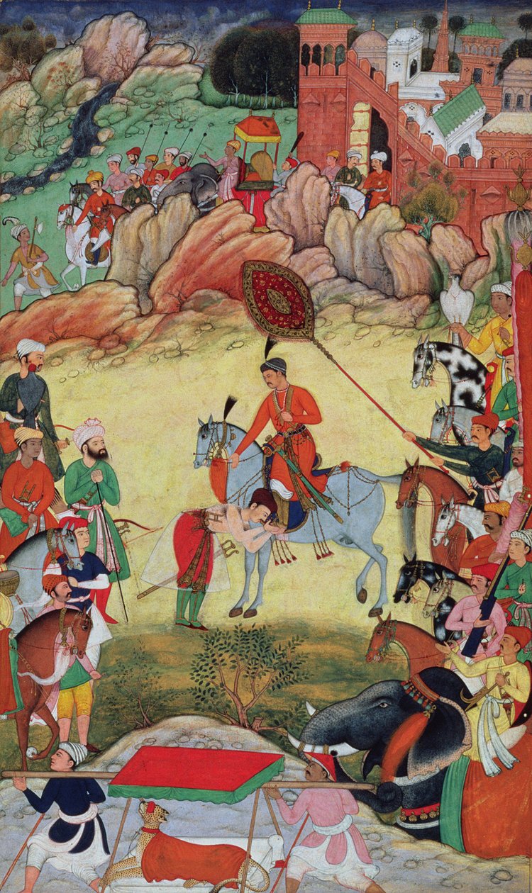 Adham Khan osoittaa kunnioitusta Akbarille Sarangpurissa Keski-Intiassa vuonna 1560 tai 1561, Akbarnamasta, 1590-1598 tekijältä Mughal School