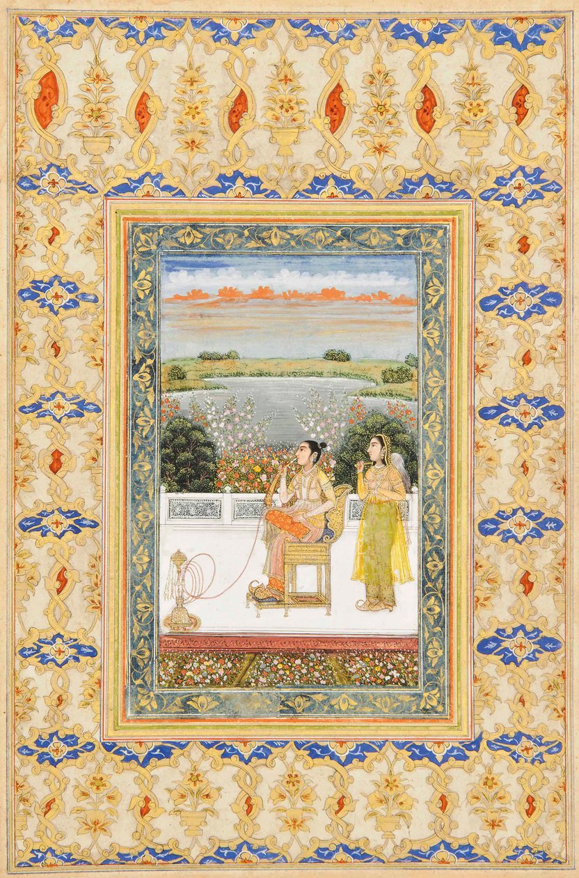 Albumisivu: Gulbadan Begum tupakoimassa terassilla, Delhi, n. 1800 tekijältä Mughal School