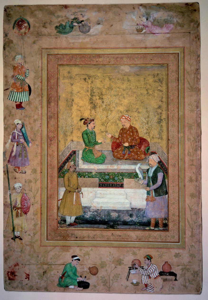 Taide Intia: Akbar (1542-1605) ja hänen poikansa Jahangir (1569-1627). Guassi paperille 0,213 x 0,141 m. Mongolian koulu tekijältä Mughal School