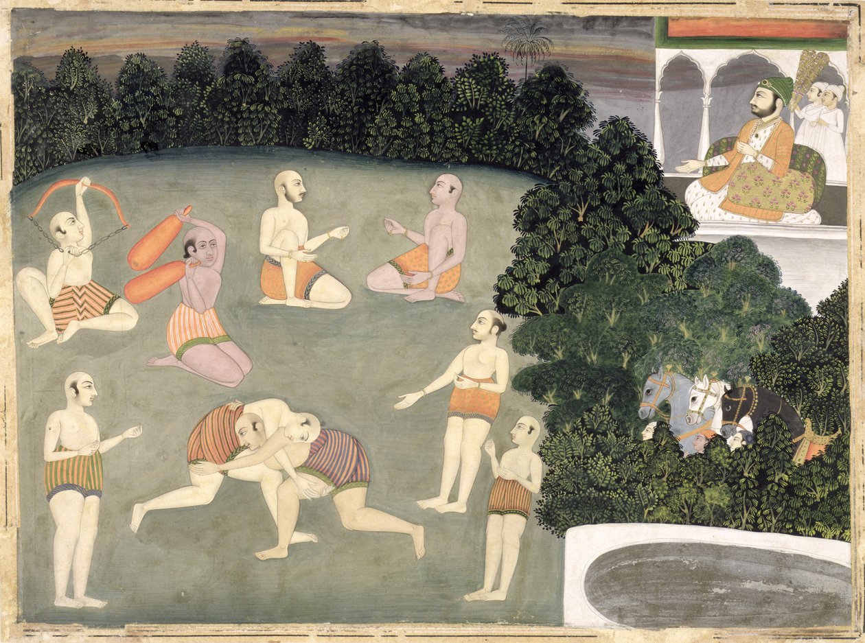 Urheilijat esiintyvät istuvan jalon edessä, n. 1760 (paperilla läpinäkymätön wc) tekijältä Mughal School
