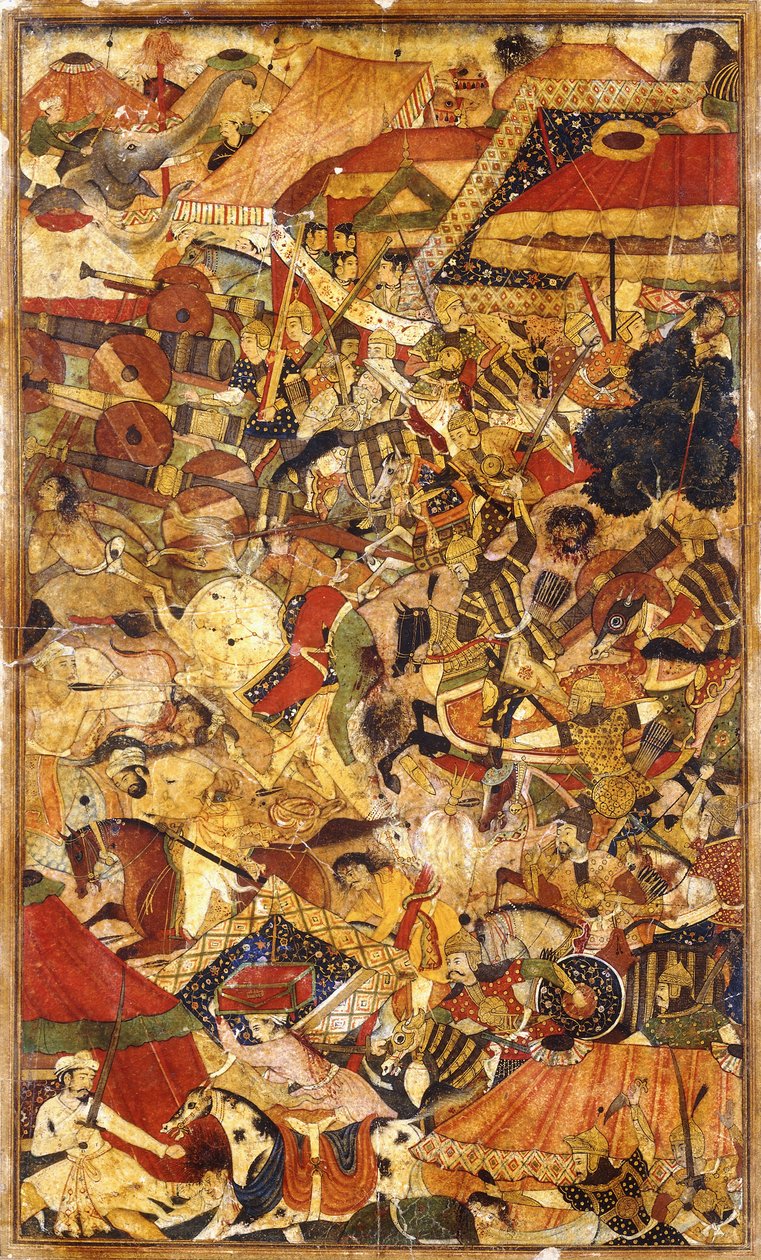 Taistelukohtaus, c. 1590 tekijältä Mughal School