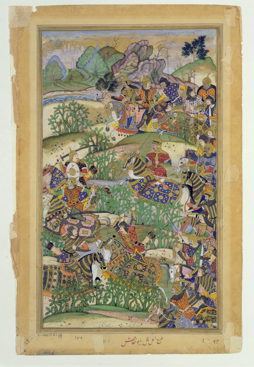 Keisari Akbar (r.1556-1605) Samalin taistelussa vuonna 1572, Abul Fazin valmistamasta Akbarnamasta 1590-98 (läpinäkymätön wc ja kultaa paperilla) tekijältä Mughal School