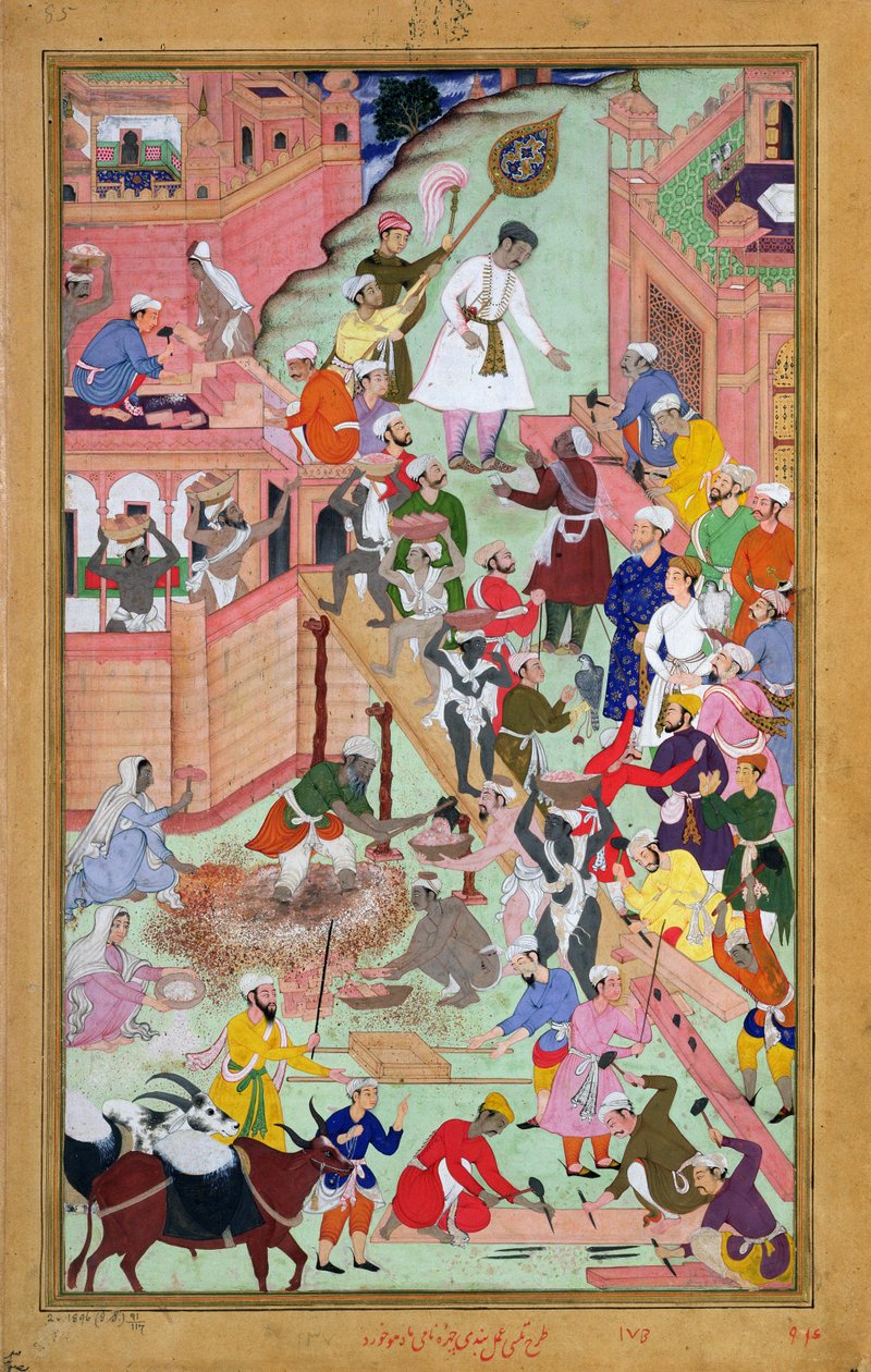 Keisari Akbar (r.1556-1605) tarkastamassa rakennustöitä Fatehpur Sikrissä, kaupunki valmistui 1584, Akbarnamasta, 1590-98 (läpinäkymätön wc ja kulta paperilla) tekijältä Mughal School