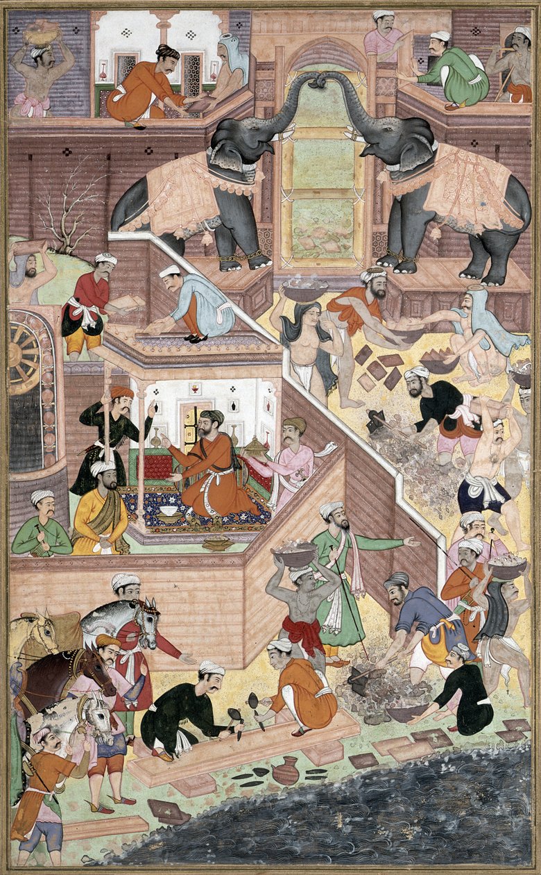 Keisari Akbar (r.1556-1605) tarkastamassa rakennustöitä Fatehpur Sikrissä, Abul Fazin valmistamasta Akbarnamasta, 1590-98 (läpinäkymätön wc ja kultaa paperilla) tekijältä Mughal School