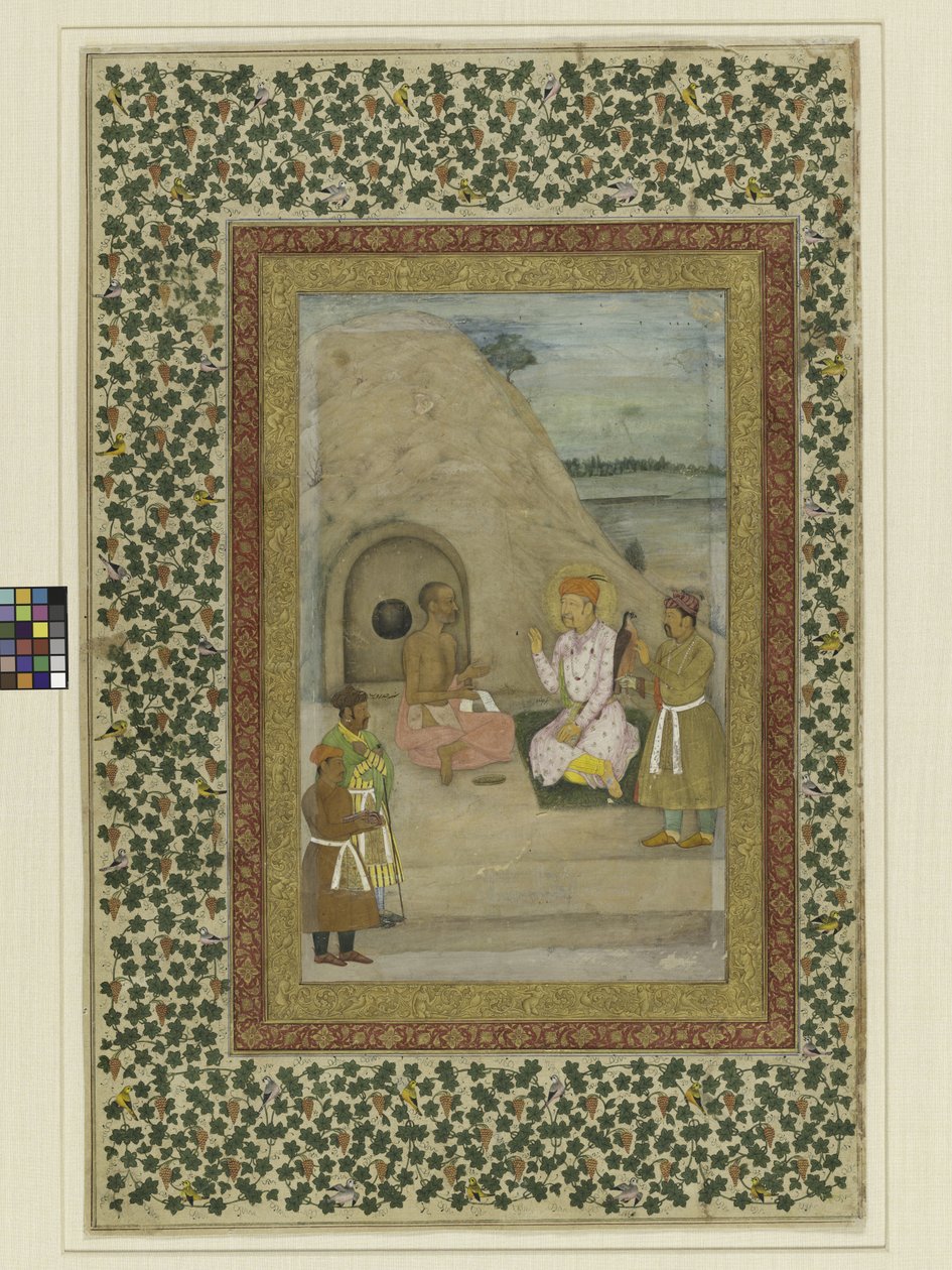 Keisari Akbar ja Gosain Jadrup, folio Pietarin Muraqqasta, n. 1625-30 tekijältä Mughal School