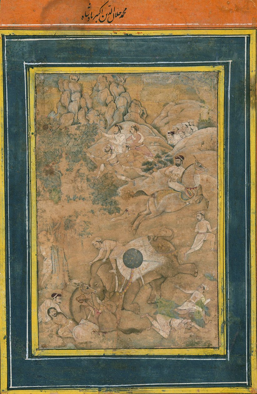 Keisari Akbar kontrolloi norsua metsästyksen aikana, 1600-luvun alku (läpinäkymätön akvarelli, kultainen maali ja muste paperille) tekijältä Mughal School