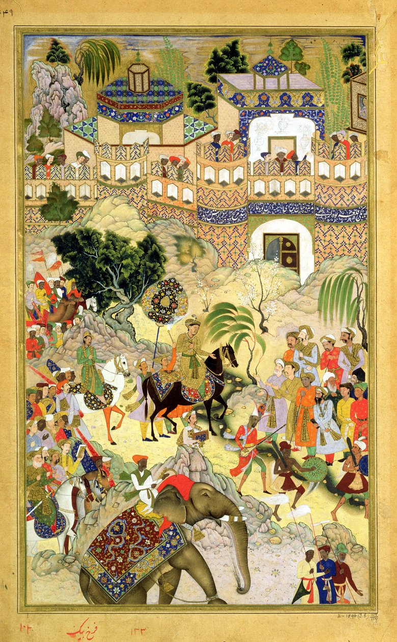 Keisari Akbarsin voittoisa tulo Suratiin, Abul Fazin (1515-1602) tekemästä Akbarnamasta 1590-98 (läpinäkymätön wc ja kultaa paperilla) tekijältä Mughal School