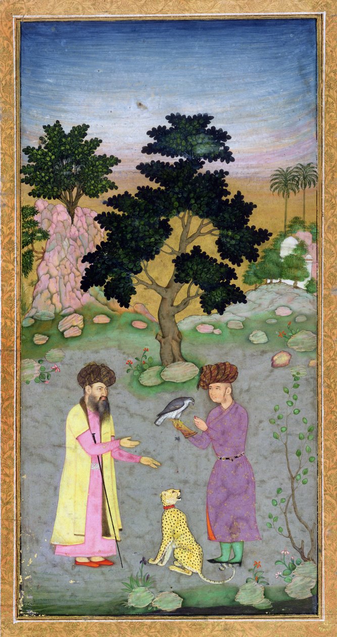 Falconer seuralaisen ja lemmikkigepardin kanssa, Small Clive Albumista, n. 1610-15 (läpinäkymätön wc paperilla) tekijältä Mughal School