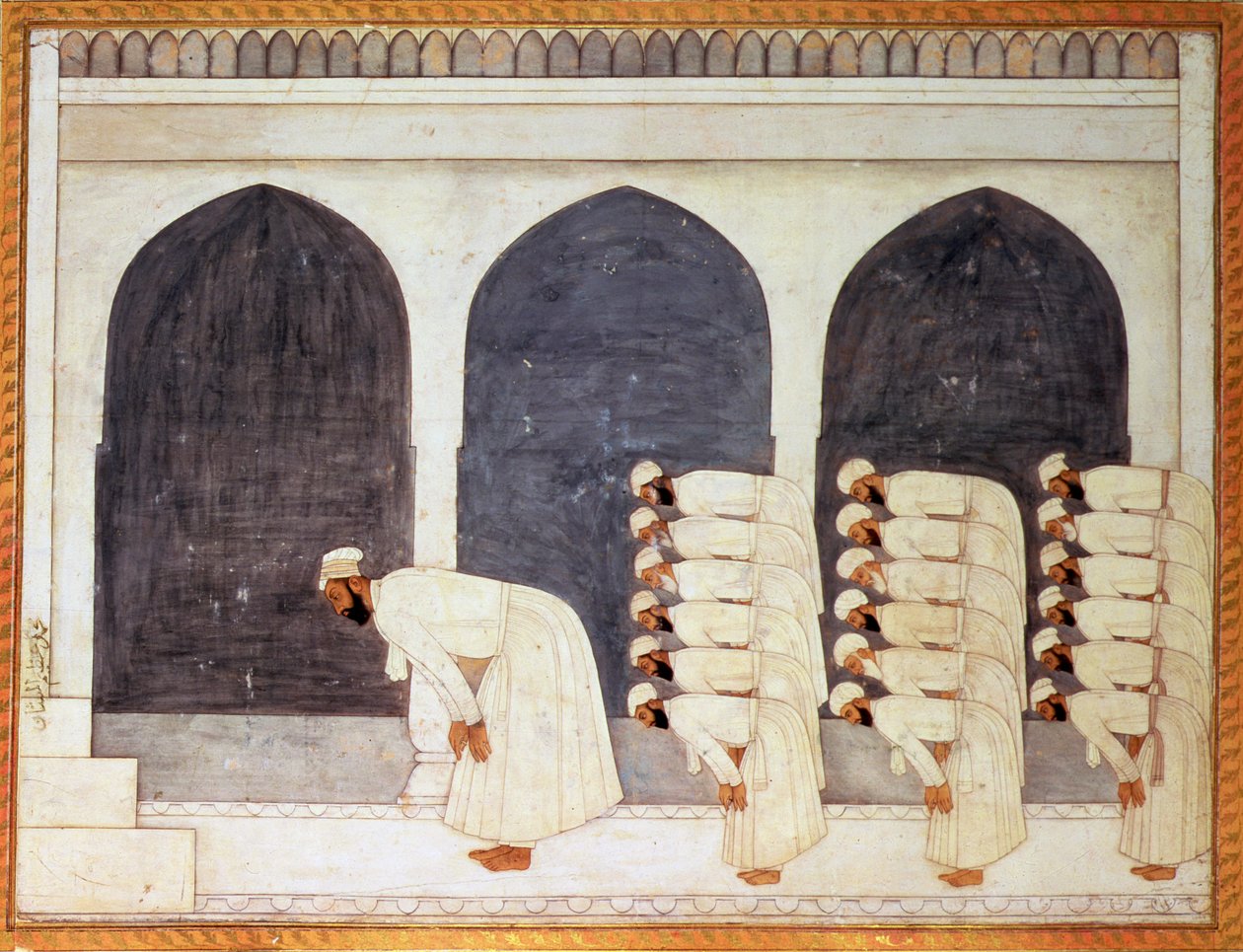 Folio.38a Mogul-prinssi moskeijassa, joka johtaa perjantairukouksia suuresta Clive Albumista, Mughal, n. 1720 tekijältä Mughal School