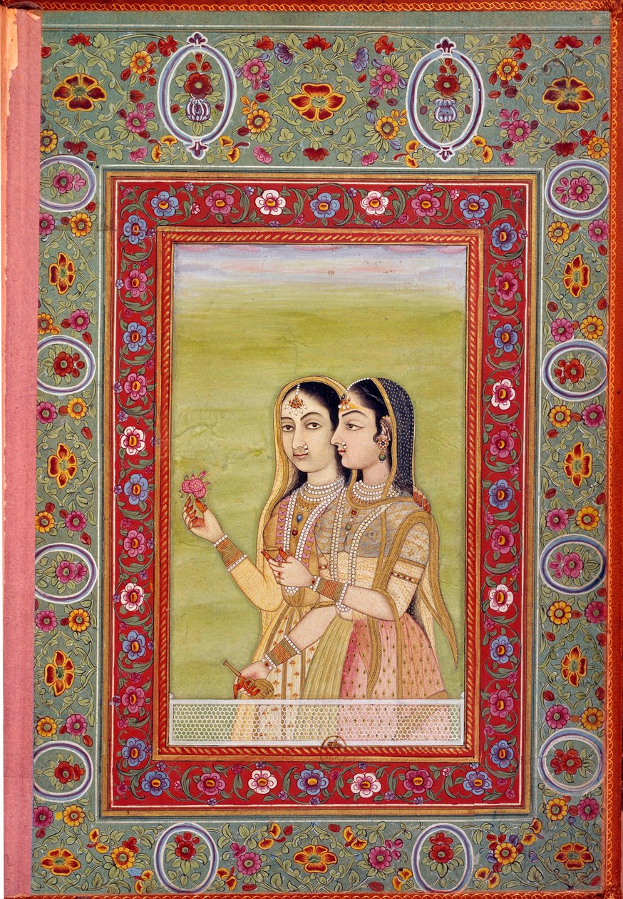 Intialainen taide: pienoismalli, joka edustaa kahta naista. 1600-luku (Moghole-kausi) Paris, B.N. tekijältä Mughal School