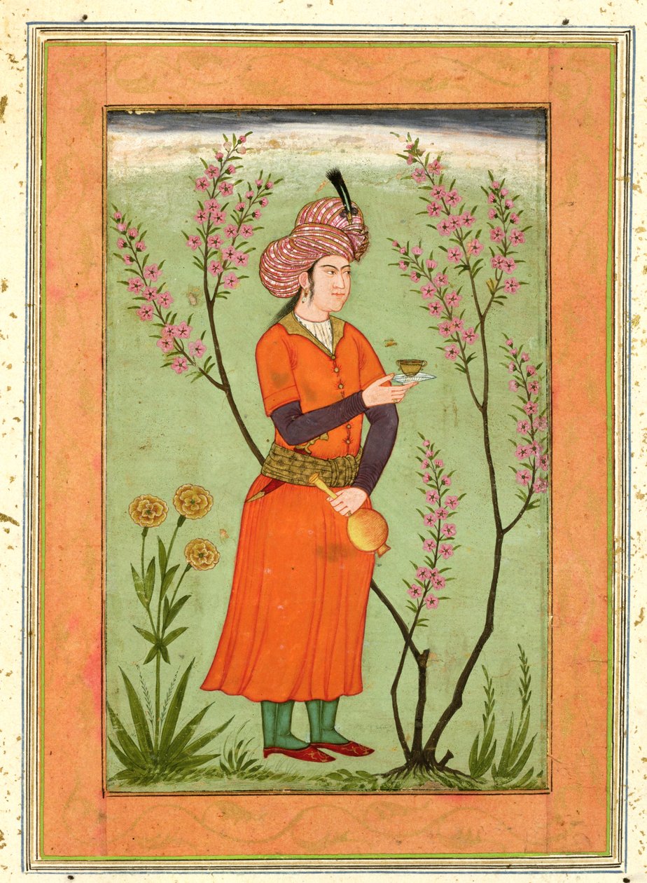 Iranilainen ruhtinaallinen hahmo, jolla on muki ja pullo kädessään, noin 1640, Large Clive Album -albumista. tekijältä Mughal School