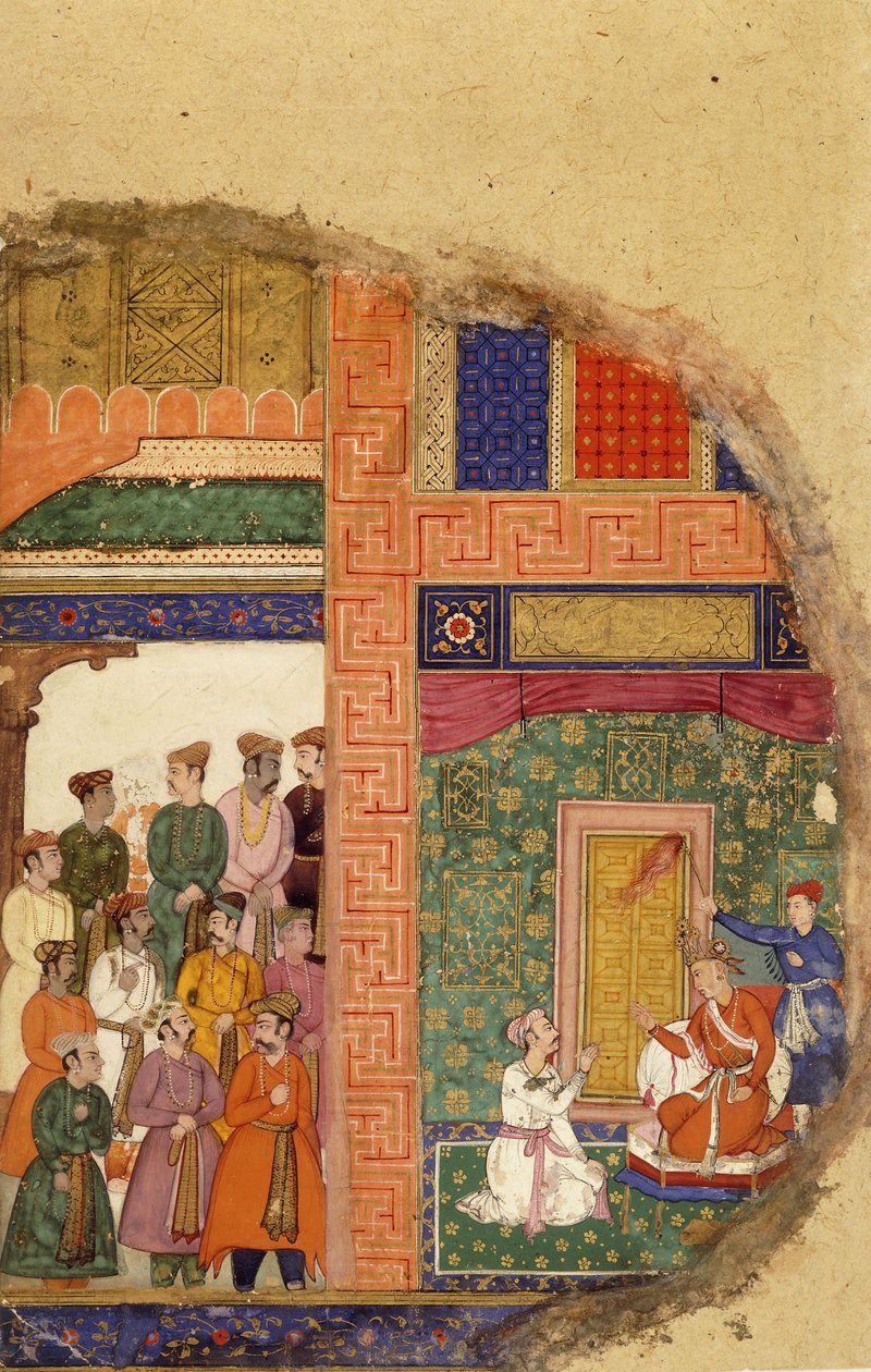 Kuningas Dasaratha keskustelee perhepapin kanssa Raman hallintovallasta palatsin sisällä, kun hoviherrat ja ministerit odottavat pihalla, n. 1595 tekijältä Mughal School