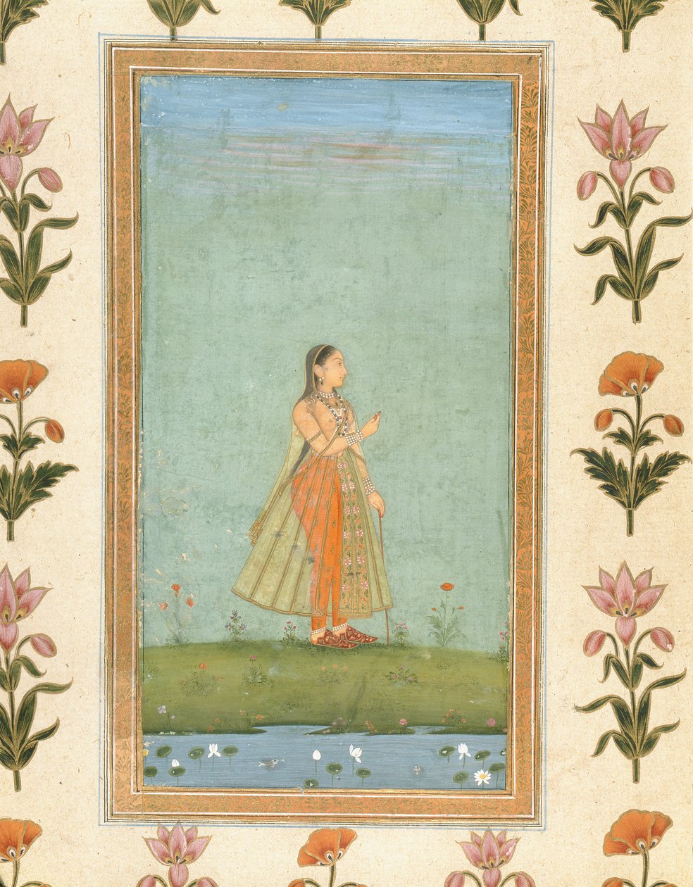 Nainen pitelee kukkaa, seisoo liljalammen rannalla, Small Clive Albumista (läpinäkymätön wc paperilla) tekijältä Mughal School